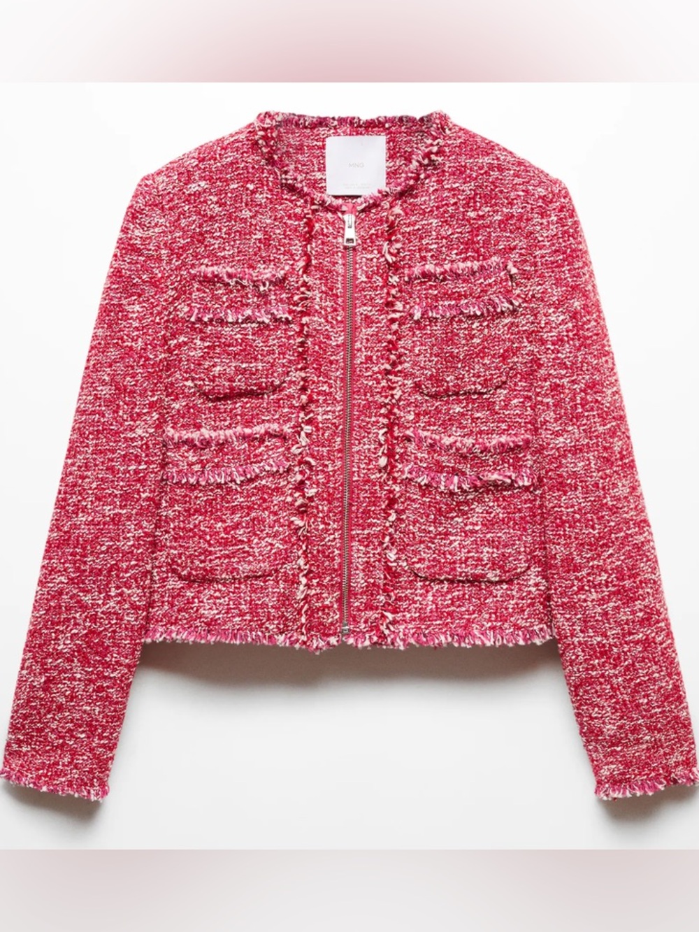 MANGO Tweed Zip-Front Jacket in Pink